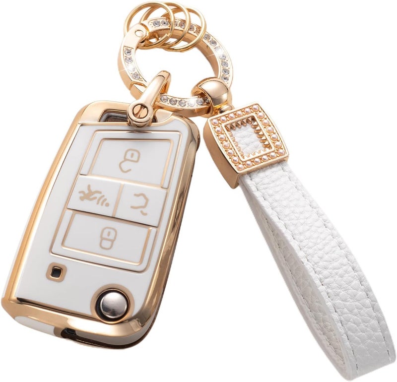 CACARLIKE for VW Volkswagen Key Fob Cover with Leather Lanyard, Car Key Fob Case Compatible with VW Tiguan Golf Jetta Polo Atlas Skoda Smart Key Protector Holder - Image 1